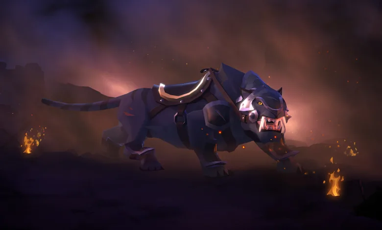 An armored cougar mount prowls through a smoky, fire-lit landscape in Albion Online.