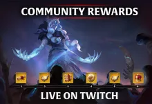 Albion Online Community Rewards artwork showing reward icons beneath a fantasy character with a Live on Twitch message