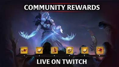 Albion Online Community Rewards artwork showing reward icons beneath a fantasy character with a Live on Twitch message