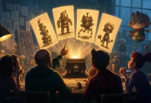 A group gathers around a glowing table while four illustrated game concepts are displayed during a stylized game-jam brainstorming session.
