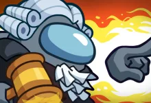 Among Us Judge character artwork pointing forward against a fiery background