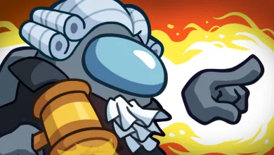 Among Us Judge character artwork pointing forward against a fiery background