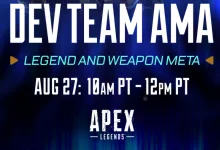 Apex Legends Dev Team AMA graphic announcing a Legend and Weapon Meta discussion on August 27 from 10 a.m. to 12 p.m. PT
