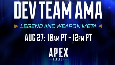 Apex Legends Dev Team AMA graphic announcing a Legend and Weapon Meta discussion on August 27 from 10 a.m. to 12 p.m. PT