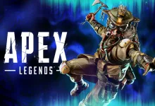 Bloodhound leaps forward in Apex Legends artwork beside the Apex Legends logo