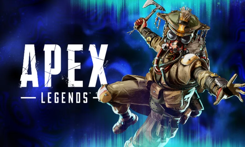 Bloodhound leaps forward in Apex Legends artwork beside the Apex Legends logo