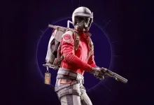 An armored ARC Raiders character in a red jacket holds a shotgun against a dark purple background