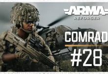 Arma Reforger COMRAD #28 graphic showing a camouflaged soldier with a rifle and helicopters in the background