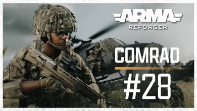 Arma Reforger COMRAD #28 graphic showing a camouflaged soldier with a rifle and helicopters in the background