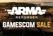 Arma Reforger logo over a battlefield landscape with Gamescom Sale text