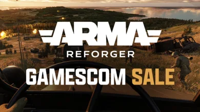 Arma Reforger logo over a battlefield landscape with Gamescom Sale text
