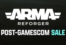 Arma Reforger logo above Post-Gamescom Sale text on a dark background