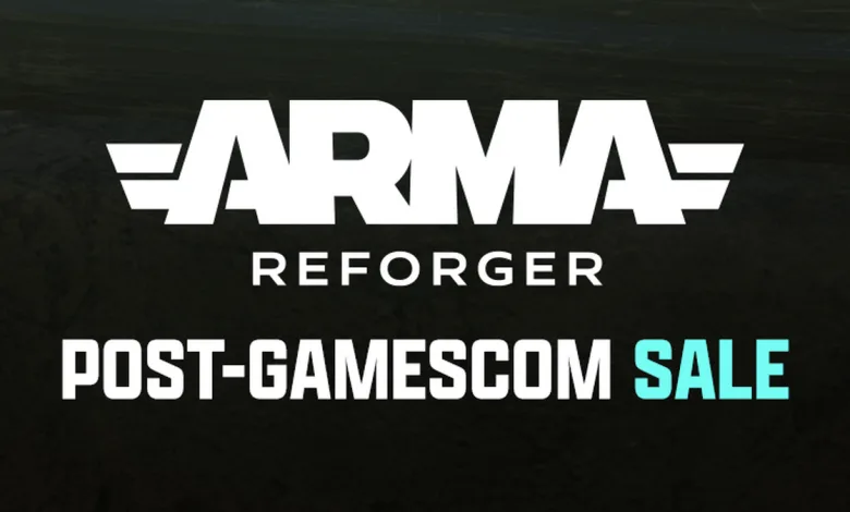 Arma Reforger logo above Post-Gamescom Sale text on a dark background