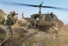 Arma Reforger soldiers move around a military helicopter in a rocky landscape