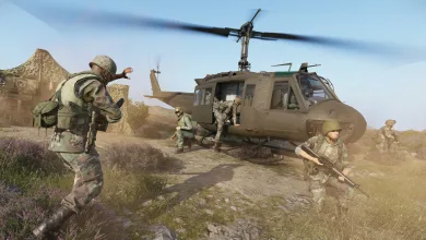 Arma Reforger soldiers move around a military helicopter in a rocky landscape