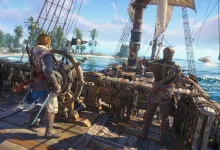 Assassin swinging across the rigging of a sailing ship toward another ship in Assassin's Creed Black Flag Resynced