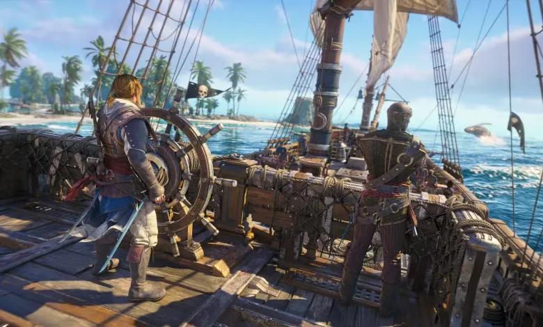 Assassin swinging across the rigging of a sailing ship toward another ship in Assassin's Creed Black Flag Resynced