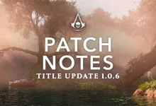 Patch notes title card for Assassin's Creed Black Flag Resynced Title Update 1.0.6 over a tropical river scene