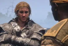 Two Assassin's Creed characters face each other in a close-up game scene.