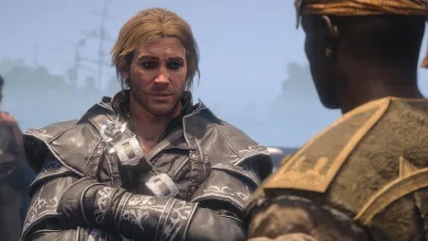 Two Assassin's Creed characters face each other in a close-up game scene.