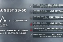 Assassin's Creed and gamescom graphic listing Ubisoft Community Lounge events for August 28–30.