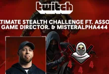 Promotional graphic for an Assassin's Creed Shadows ultimate stealth challenge featuring a hooded assassin and a portrait of one of the participants.