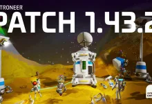 Astroneer characters and equipment gathered around a mission object on an alien planet beneath the text Patch 1.43.2