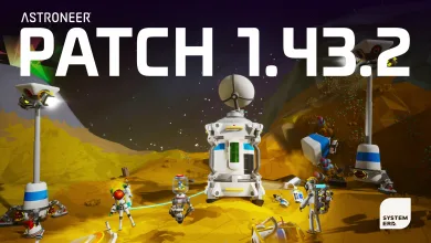 Astroneer characters and equipment gathered around a mission object on an alien planet beneath the text Patch 1.43.2
