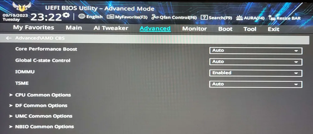 ASUS AMD CBS BIOS menu showing IOMMU and DMA Protection enabled