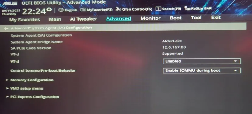 ASUS System Agent BIOS menu showing VT-d and IOMMU pre-boot settings