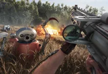 Atomic Heart gameplay showing a first-person weapon aimed at robotic enemies during an outdoor battle