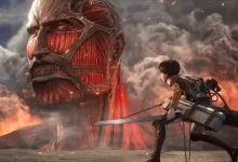 An Attack on Titan soldier with maneuvering gear faces a towering Colossal Titan amid smoke and fire