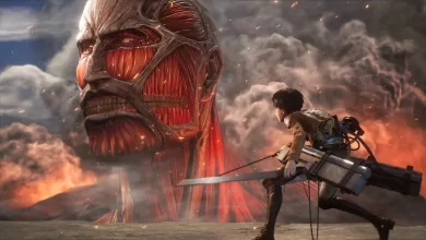 An Attack on Titan soldier with maneuvering gear faces a towering Colossal Titan amid smoke and fire