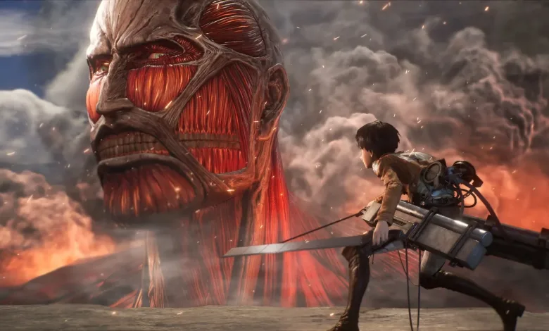 An Attack on Titan soldier with maneuvering gear faces a towering Colossal Titan amid smoke and fire
