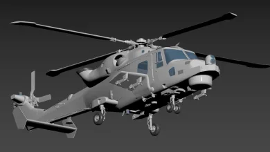 Work-in-progress 3D model of the AW159 Wildcat helicopter with mounted weapon pods