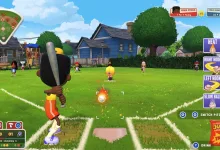 A cartoon baseball player bats on a sunny field in Backyard Baseball, with gameplay controls visible on screen.