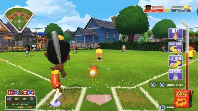 A cartoon baseball player bats on a sunny field in Backyard Baseball, with gameplay controls visible on screen.