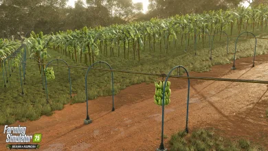 Banana plants growing along harvesting rails in Farming Simulator 25