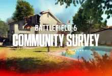 Battlefield 6 Community Survey artwork showing a suburban battlefield scene with a damaged house, swimming pool, smoke, and fire
