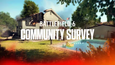 Battlefield 6 Community Survey artwork showing a suburban battlefield scene with a damaged house, swimming pool, smoke, and fire