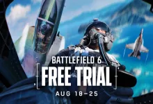 Battlefield 6 pilot in a fighter jet with additional jets flying behind and text announcing the free trial from August 18 to 25