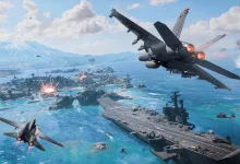 Fighter jets attack around an aircraft carrier and island in Battlefield 6