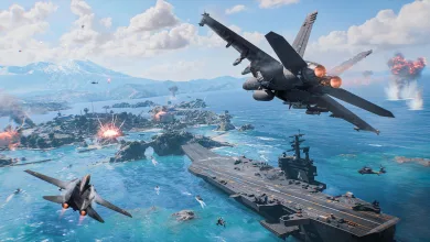 Fighter jets attack around an aircraft carrier and island in Battlefield 6