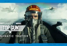 Battlefield 6 pilot in a jet cockpit with fighter aircraft in the background and Top Gun cinematic trailer text
