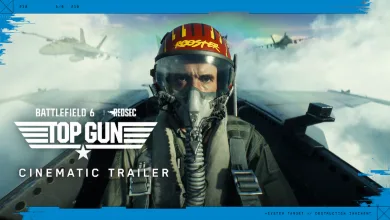 Battlefield 6 pilot in a jet cockpit with fighter aircraft in the background and Top Gun cinematic trailer text