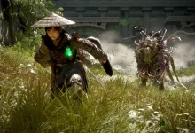 A warrior runs through tall grass as a strange creature approaches near a ruined structure in Beast of Reincarnation.
