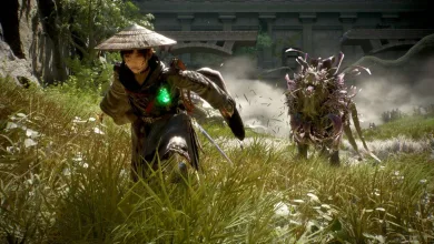 A warrior runs through tall grass as a strange creature approaches near a ruined structure in Beast of Reincarnation.