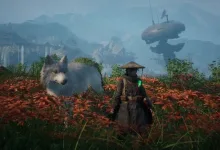 A masked traveler and white canine companion stand in a red field beneath a hovering structure in a mountainous landscape.