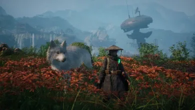 A masked traveler and white canine companion stand in a red field beneath a hovering structure in a mountainous landscape.