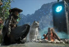 A masked warrior sits beside a white canine companion near a campfire and glowing stone monument in a forested landscape.
